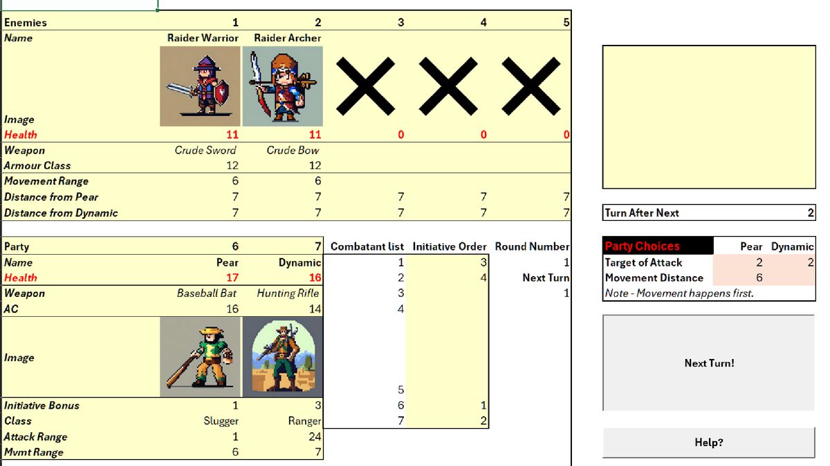 A battle screen in a Microsoft Excel based post-apocalyptic RPG