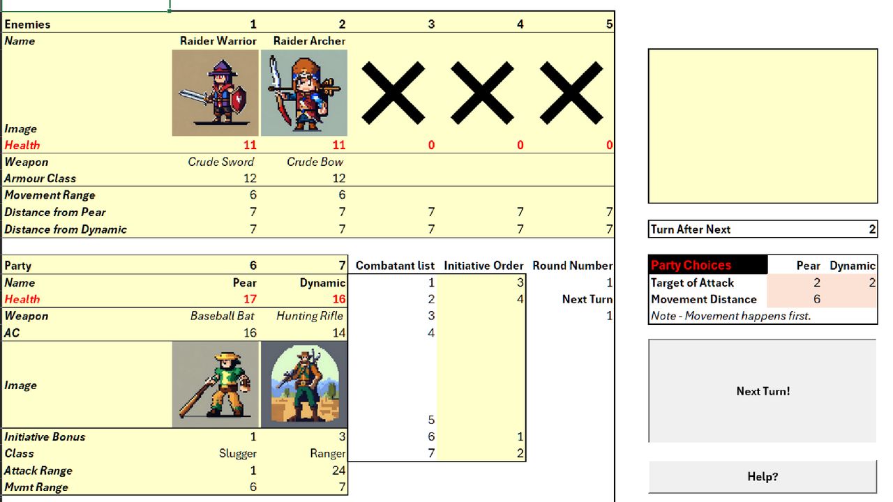A battle screen in a Microsoft Excel based post-apocalyptic RPG