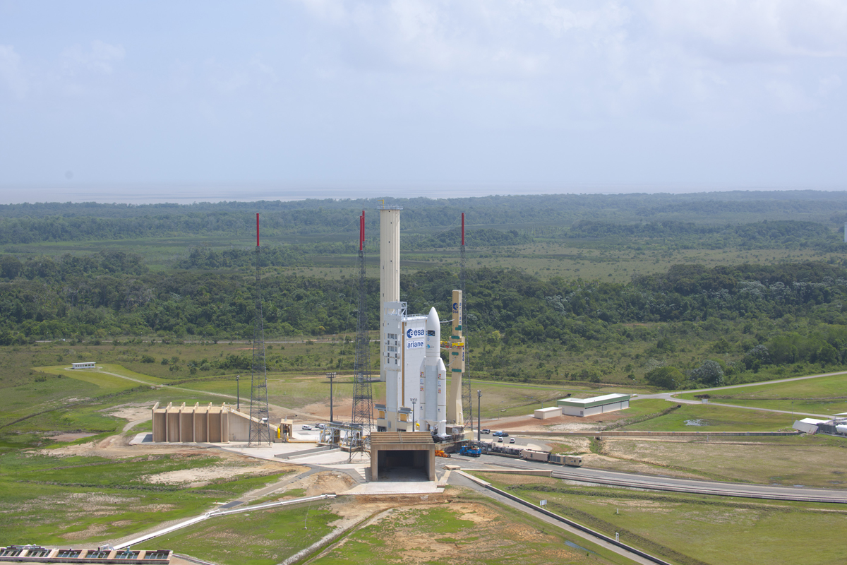 Photo of an Ariane 5 rocket on the launch pad with the ATV Johannes Kepler spacecraft for a Feb. 15, 2011 launch