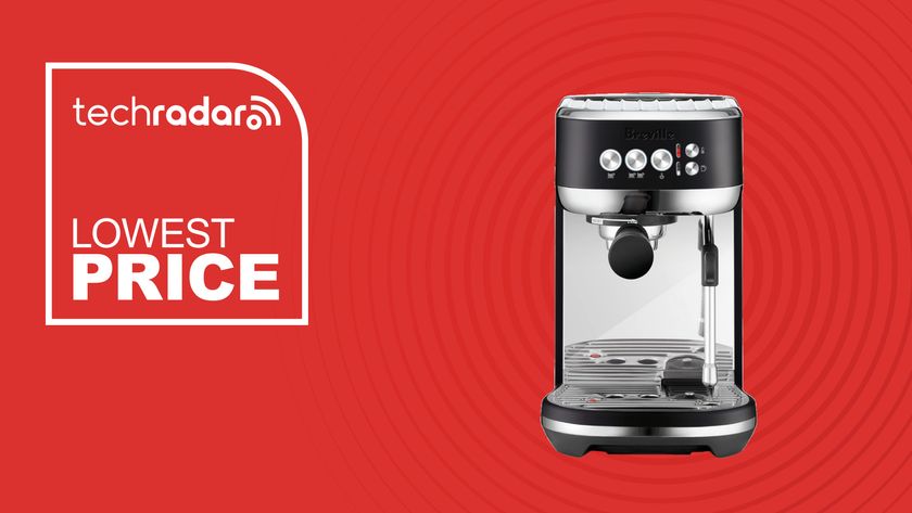 Breville Bambino Plus on a red background next to TechRadar deals lowest price badge
