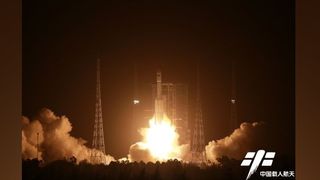 A Chinese Long March 7 rocket launches the Tianzhou-2 cargo ship to the country's Tianhe module, the core of the new Tiangong space station, from Wenchang Satellite Launch Center on Hainan Island on May 29, 2021.