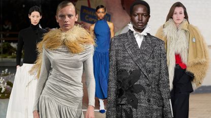 Photo collage of different runway trends from London Fashion Week Fall Winter 2026.