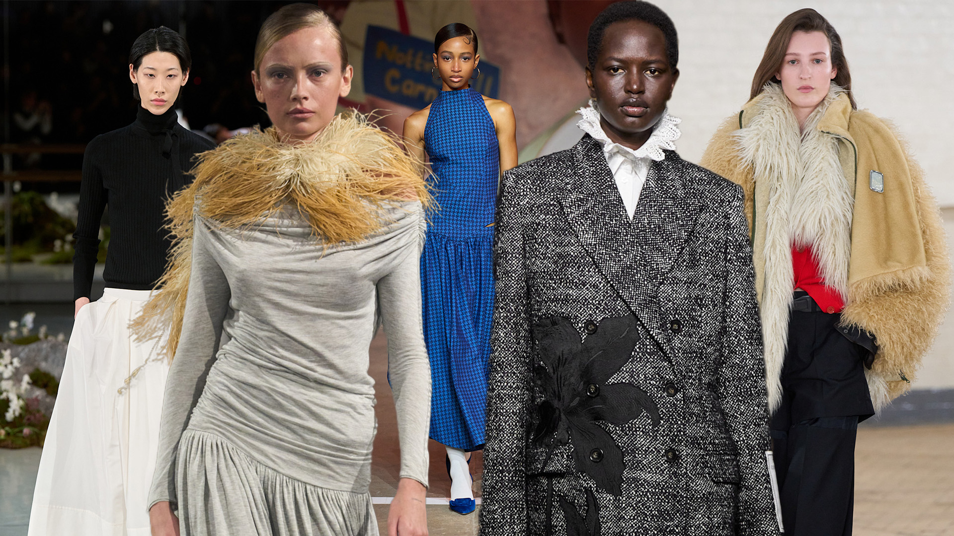 Photo collage of different runway trends from London Fashion Week Fall Winter 2026.