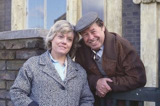 Bill Treacher as Arthur Fowler and Wendy Richard as Pauline Fowler on set in EastEnders 