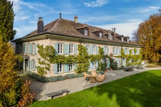 Blue-shuttered chateau with vines growing up it