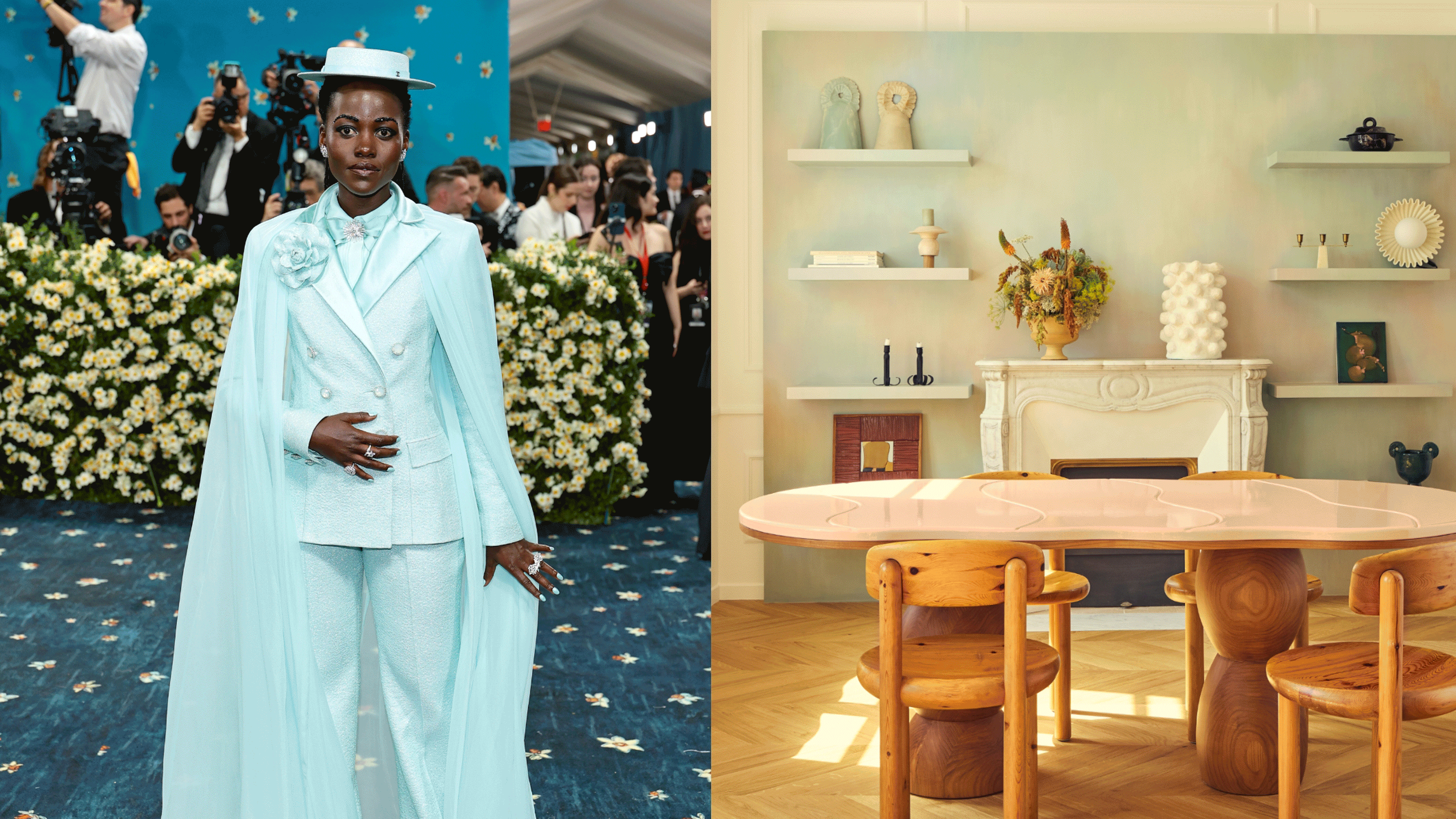 a revolving gifs of met gala 2025 looks and rooms that are based on the same design trends