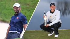 (left) Joost Luiten looks on during the South African Open Championship while John Catlin holds up the Austrian Open trophy in 2021 (right)