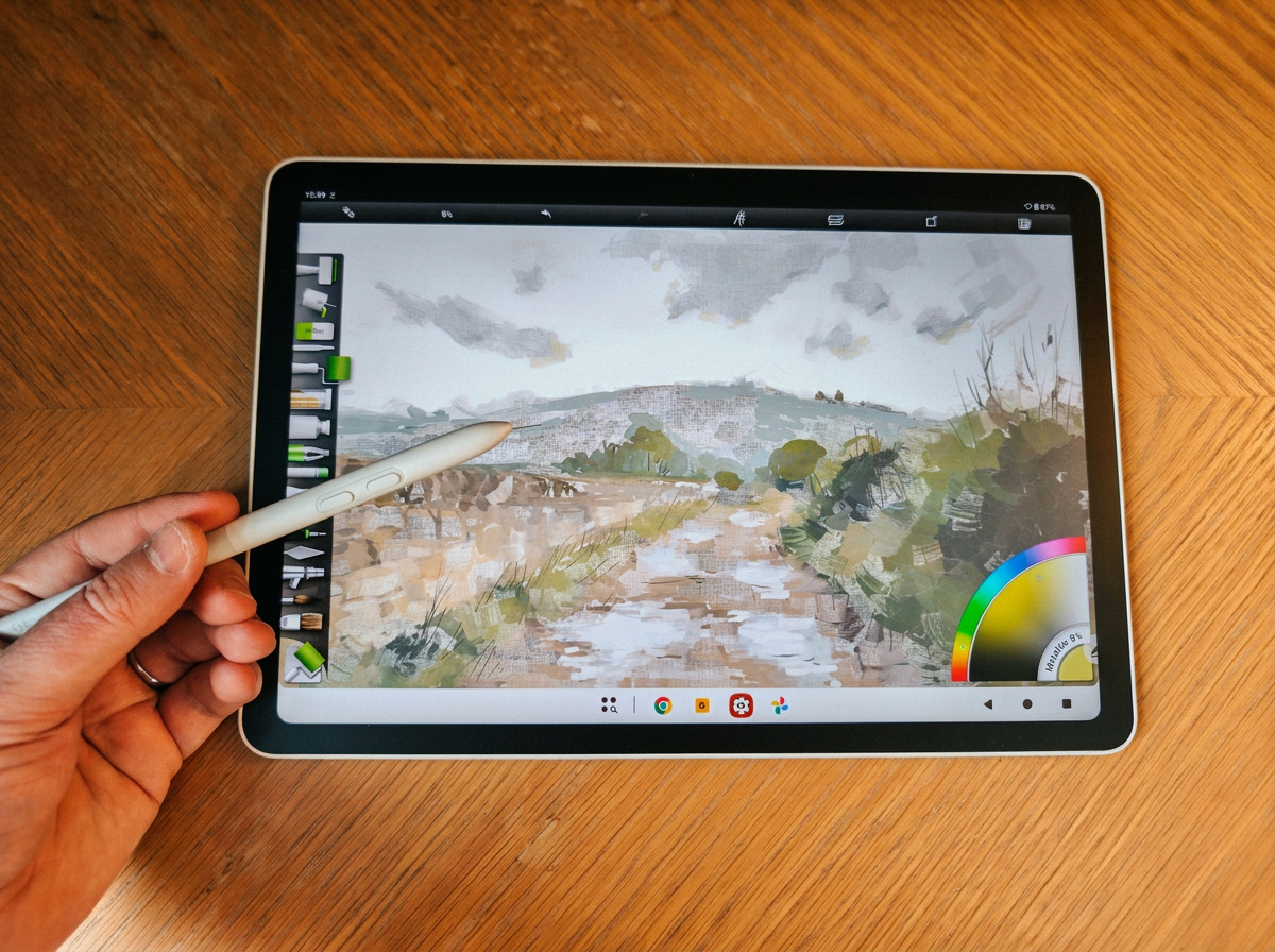 Photos of a white drawing tablet on a wooden table, the XPPen Magic Pro 13