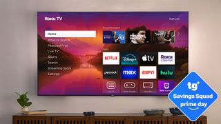 A wall-mounted Roku Plus Series 4K TV displaying the Roku home screen in a modern living room setting. There is a super-imposed badge in the bottom corner that reads: "TG Savings Squad Prime Day".