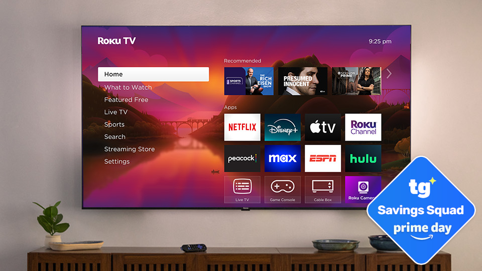 A wall-mounted Roku Plus Series 4K TV displaying the Roku home screen in a modern living room setting. There is a super-imposed badge in the bottom corner that reads: "TG Savings Squad Prime Day".