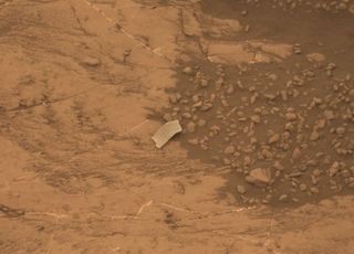 NASA's Mars rover Curiosity photographed this odd object on Aug. 13, 2018. Mission team members initially thought it might be a piece of the rover, but Curiosity's observations revealed it to be a rock flake.