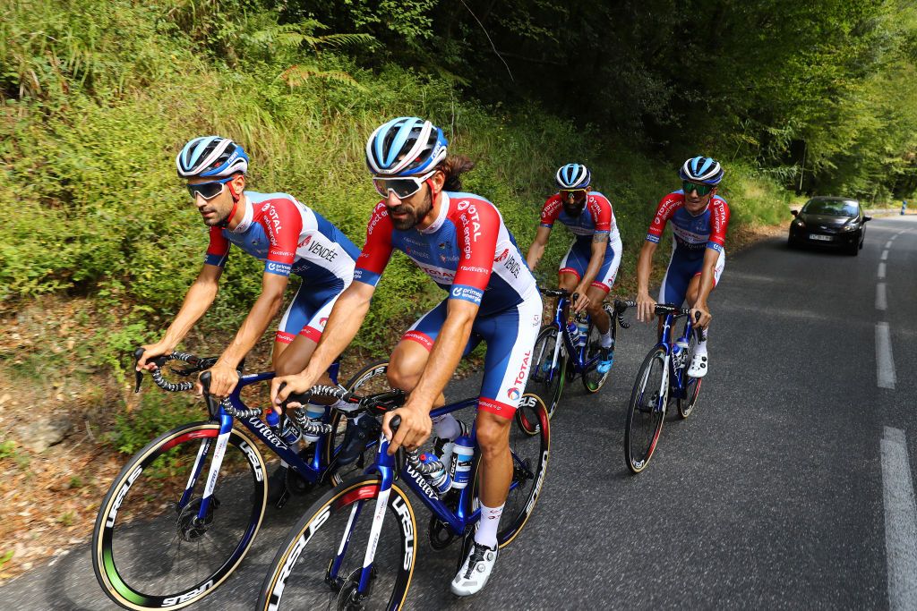 NICE FRANCE AUGUST 28 Fabien Grellier of France and Team Total Direct Energie Jerome Cousin of France and Team Total Direct Energie during the 107th Tour de France 2020 Team Total Direct Energie Training TDF2020 LeTour on August 28 2020 in Nice France Photo by Michael SteeleGetty Images