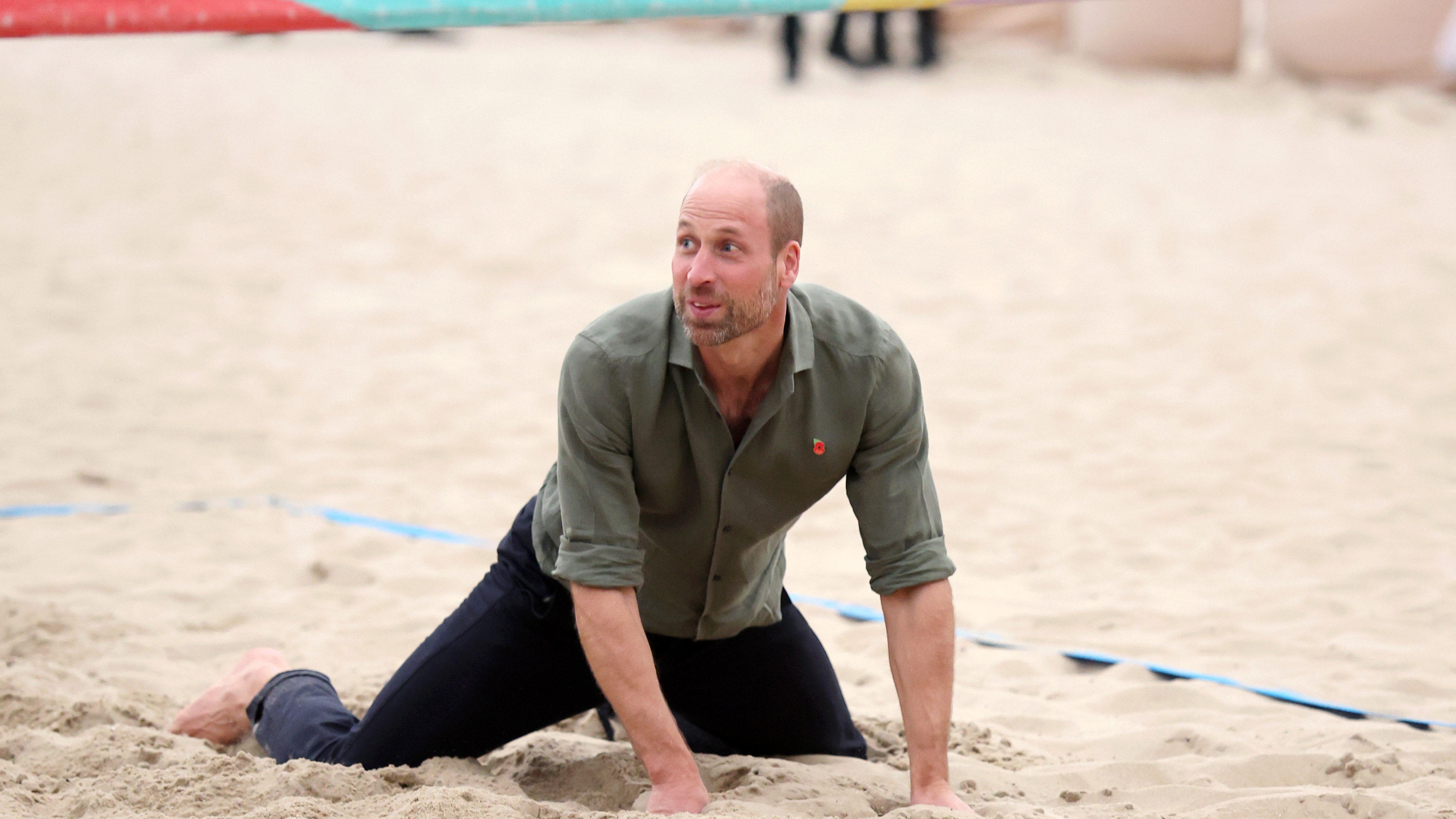 Prince William, Prince of Wales takes part in a game of volleyball with players from the Levante Institute on a visit to Copacabana Beach during day one of his visit to Brazil on November 03, 2025 in Rio de Janeiro, Brazil. Prince William is undertaking a number of engagements related to the environment in Rio De Janeiro ahead of his attendance at the fifth annual Earthshot Prize awards ceremony. (Photo by Chris Jackson/Getty Images)