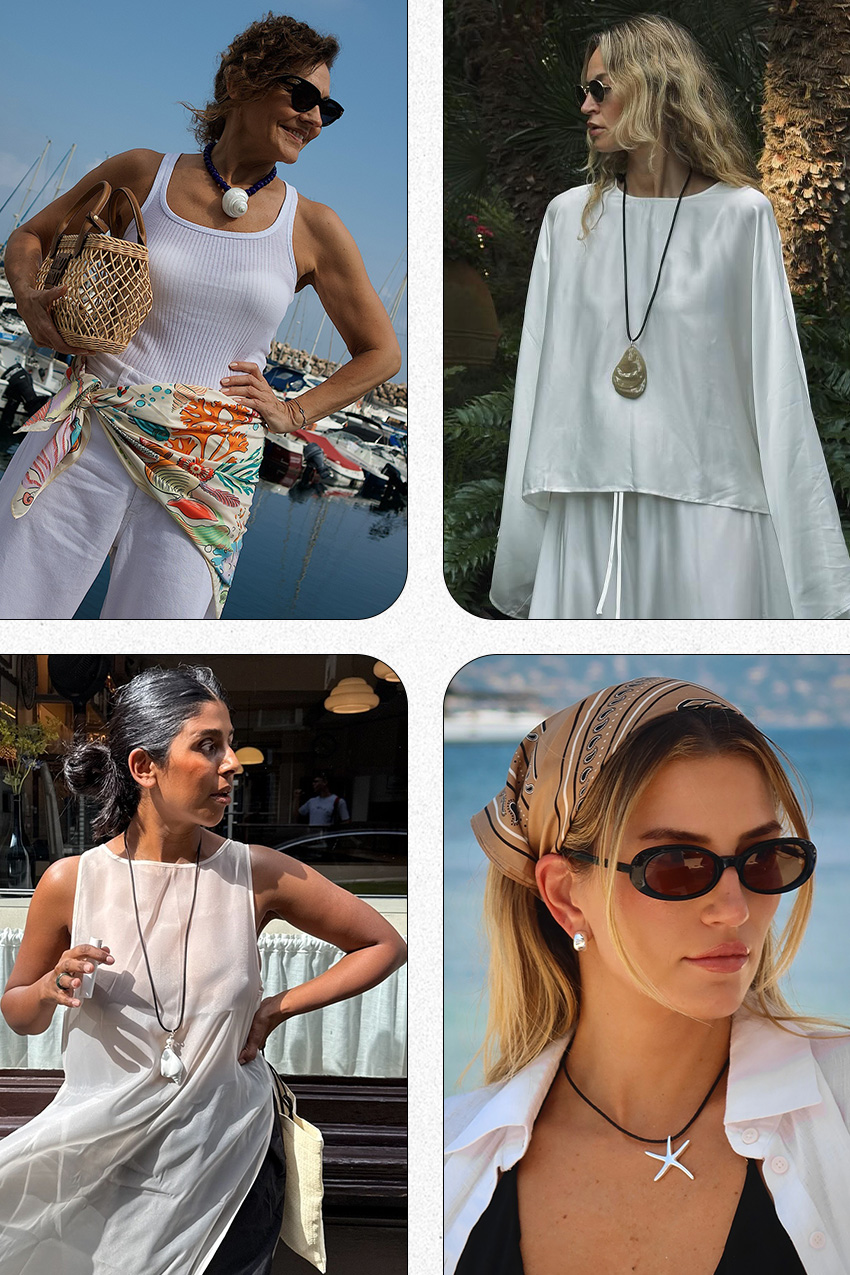 Jewelry trends summer 2025 is shown in a collage of photos of women wearing nautical motif jewelry