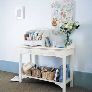 white walls books basket with white table