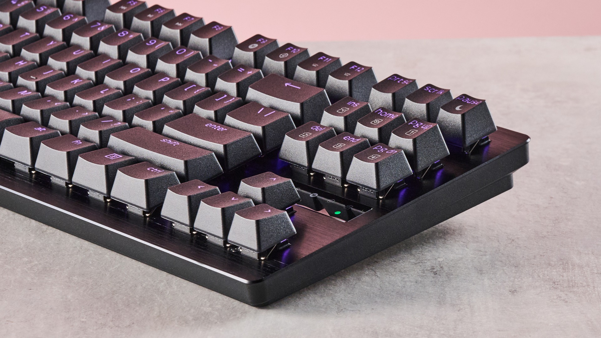 Three-quarter view of right side of Razer Huntsman V3 Tenkeyless 8KHz, on a desk
