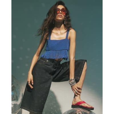 Blue Beaded Crop Top