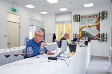 Spain expert judges Pierre Mansour, Pedro Ballesteros Torres MW and Sarah Jane Evans MW assess wines in the Decanter tasting suite