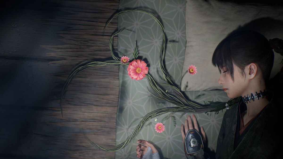 Emma sleeps on a wooden floor with thin sheets, her ivy hair sprawling near her head in Beast of Reincarnation