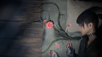 Emma sleeps on a wooden floor with thin sheets, her ivy hair sprawling near her head in Beast of Reincarnation