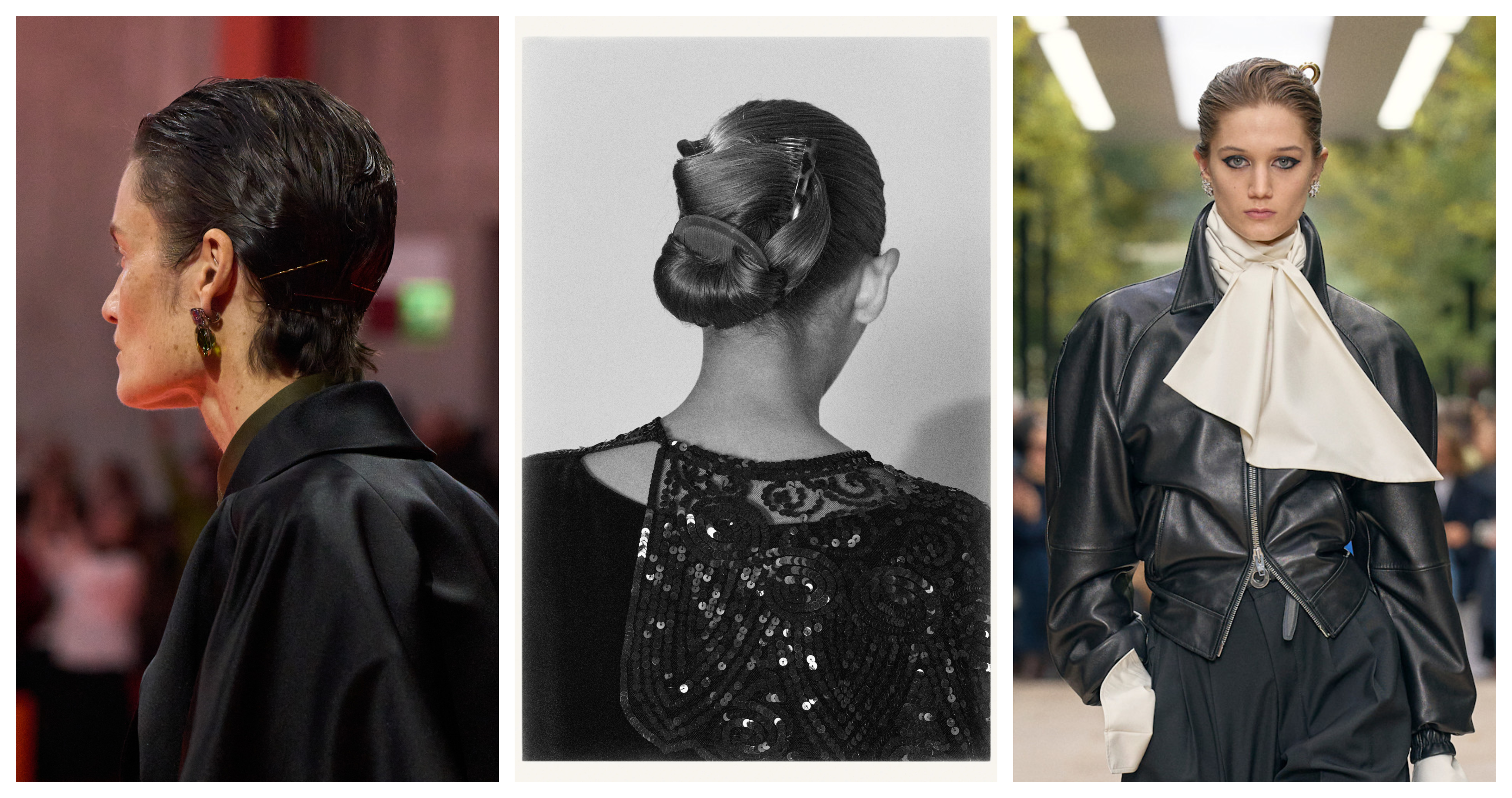 women wearing hair pins at prada, the row, and celine