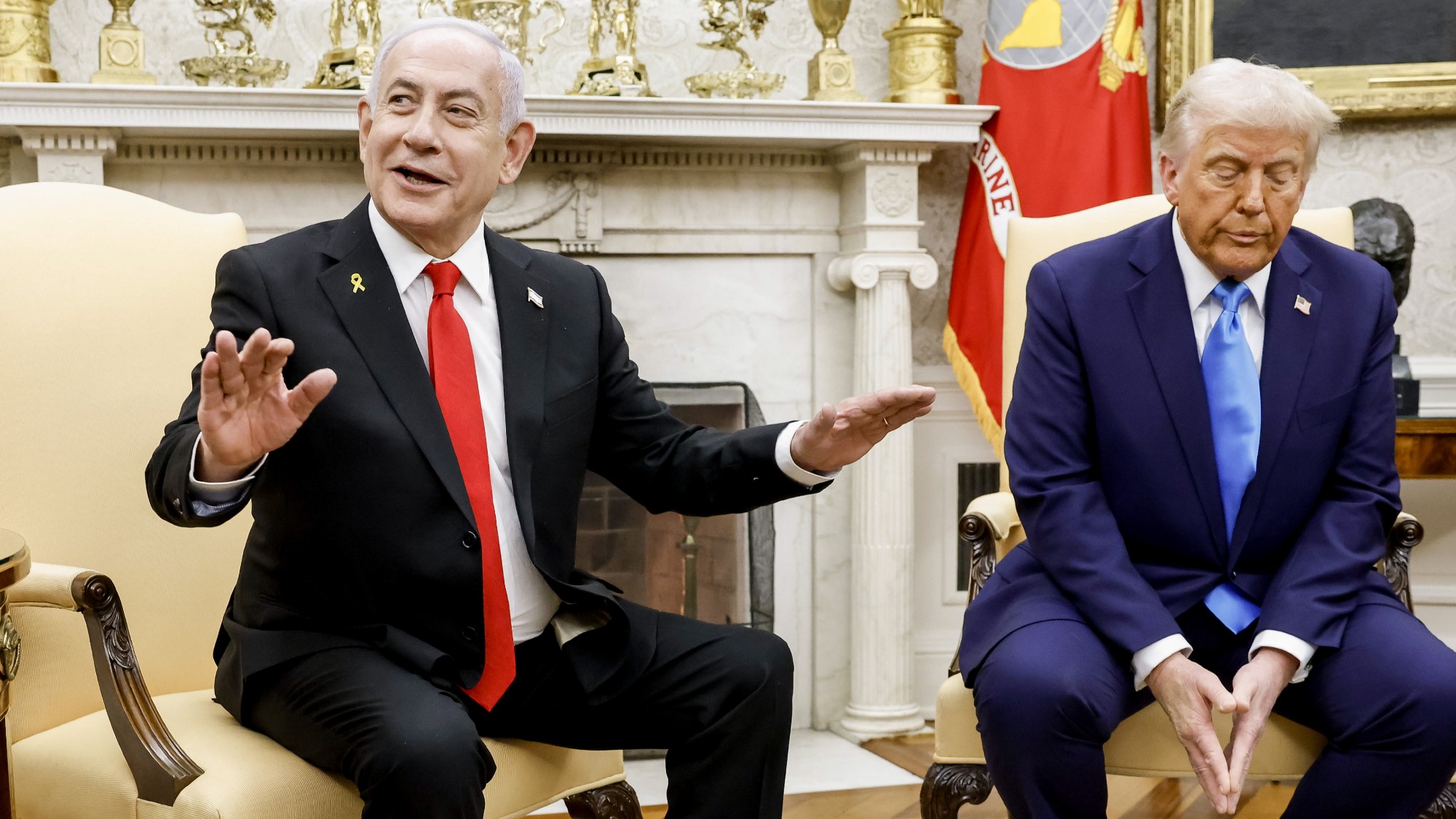 Benjamin Netanyahu and Donald Trump, right, during a bilateral meeting in the Oval Office of the White House in February