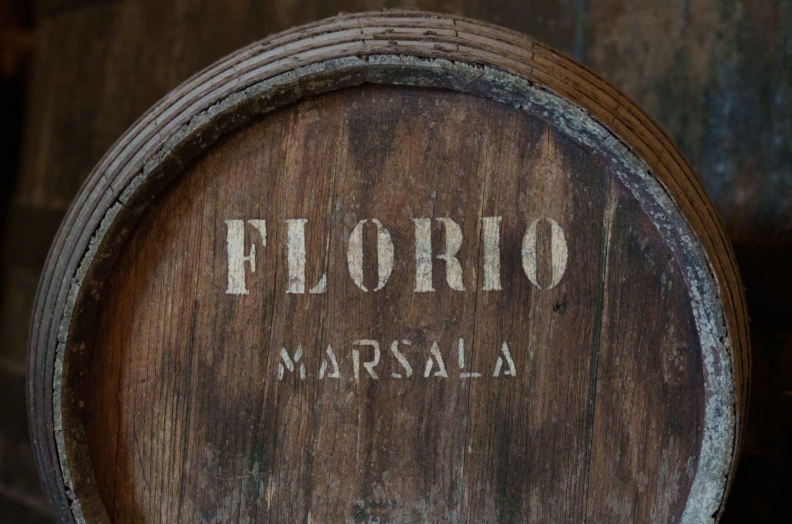 Close-up of barrel with 'Florio Marsala' printed on it