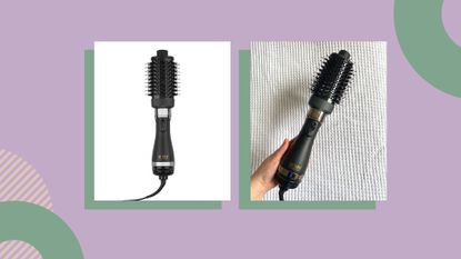 Collage of Hot Tools Volumizer and contributor shot holding the tool while testing for this Hot Tools Blow Dryer Brush review