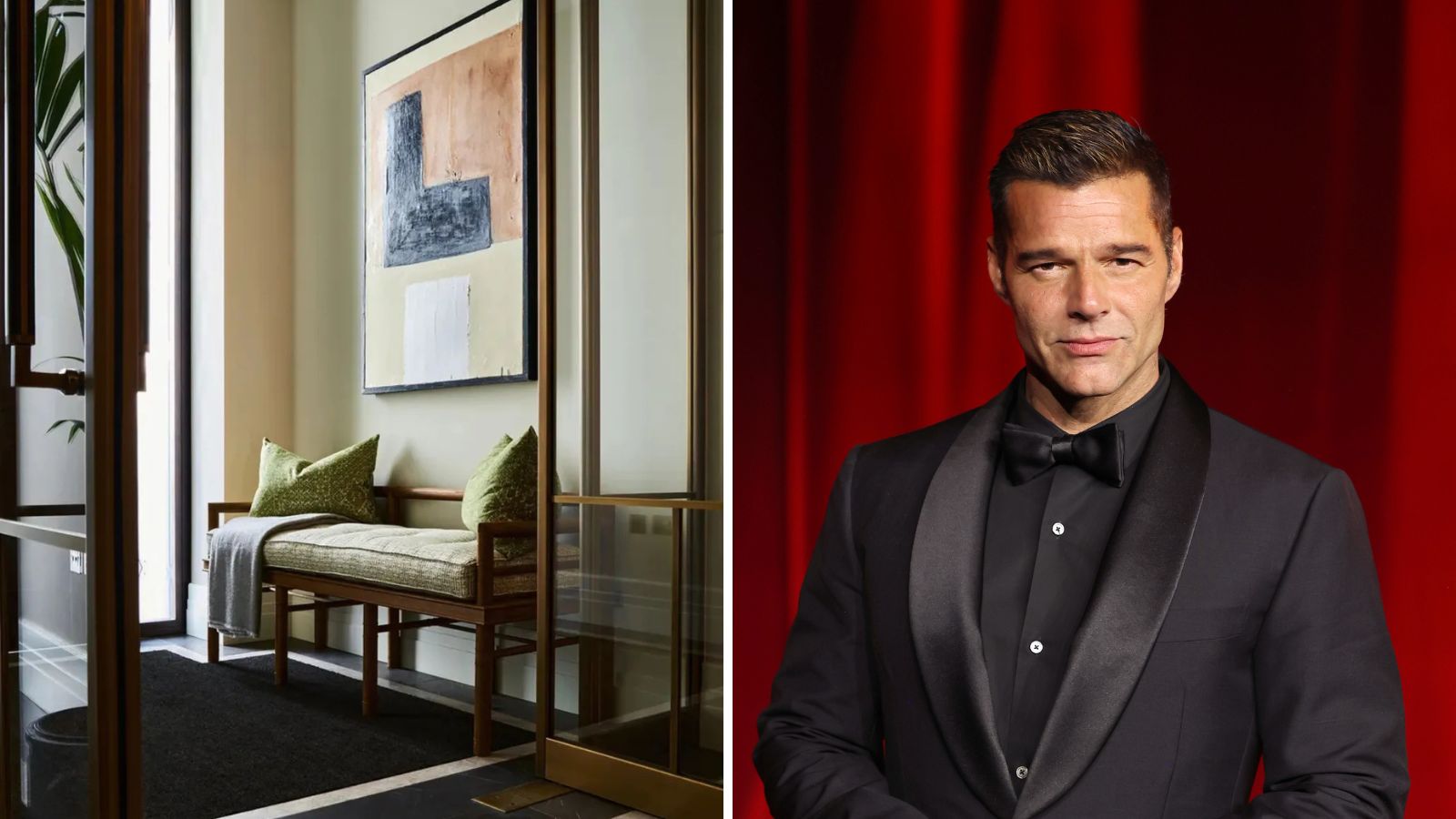 a split screen image with a piece of art on the left and a picture of ricky martin on the right