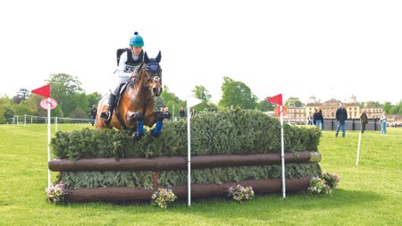 A bay horse clears a large BE100 brush fence on the LeMieux Grassroots course with Badminton House in the background.