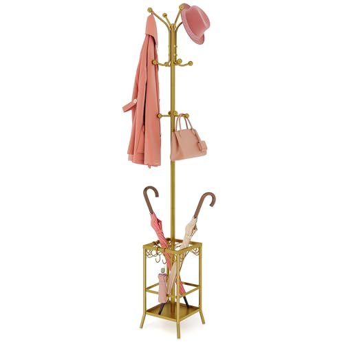 Hoctieon Coat Rack Freestanding, Coat Tree With Umbrella Holder, Metal Coat Rack Stand With 12 Hooks, Standing Coat Hanger Stand, Umbrella Stand for Entryway, Hat Rack Stand for Home Office, Gold