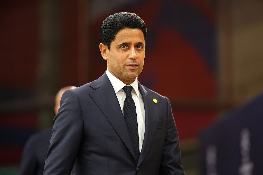 BARCELONA, SPAIN - OCTOBER 01: Nasser Al-Khelaifi, President of Paris Saint-Germain, arrives at the stadium prior to the UEFA Champions League 2025/26 League Phase MD2 match between FC Barcelona and Paris Saint-Germain at Estadi Olimpic Lluis Companys on October 01, 2025 in Barcelona, Spain. (Photo by Alex Caparros - UEFA/UEFA via Getty Images)