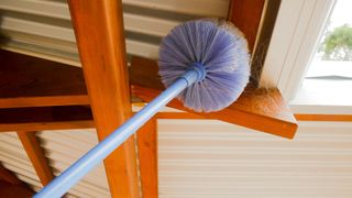 Extendable cobweb duster cleaning a high ceiling