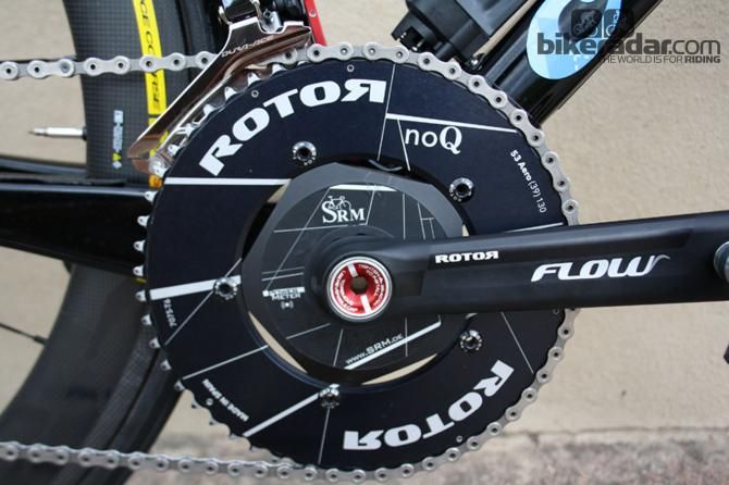 The only deviation from the Dura Ace groupset is around the crank and bottom bracket: Spanish company Rotor provide the SRM crank and chainrings, and give the bike an edgy look.