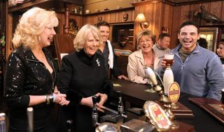 In 2010, of the Duchess of Cornwall meeting actors Beverley Callard (left), Anne Kirkbride (second right) and Ryan Thomas (Andrew Yates/PA)