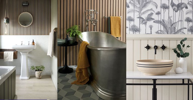 tin bath in bathroom with graphic floor tiles and wooden panel wall