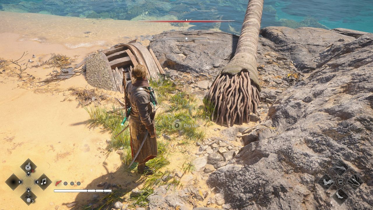 Black Flag treasure maps: Edward standing next to a fallen palm tree on a beach.