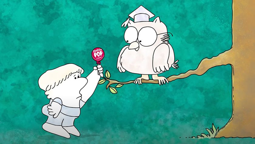 An image of a boy giving a lollipop to an owl in the Tootsie Pop advert animation