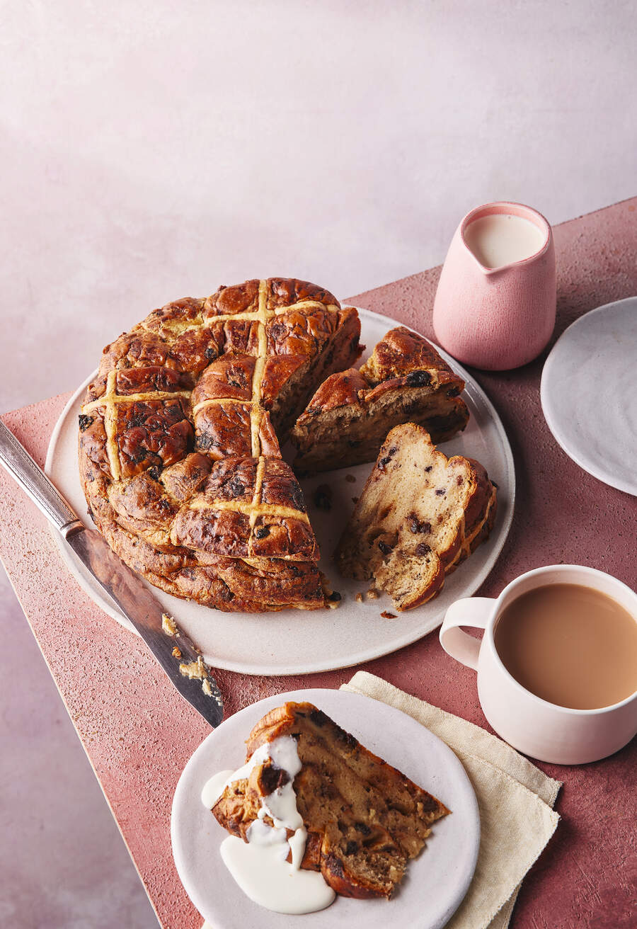 Bread and Butter Pudding with a cup of tea to the side