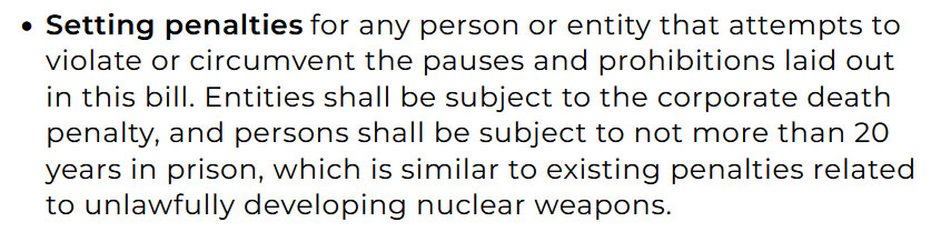 Ban Artificial Superintelligence Act wording on penalties
