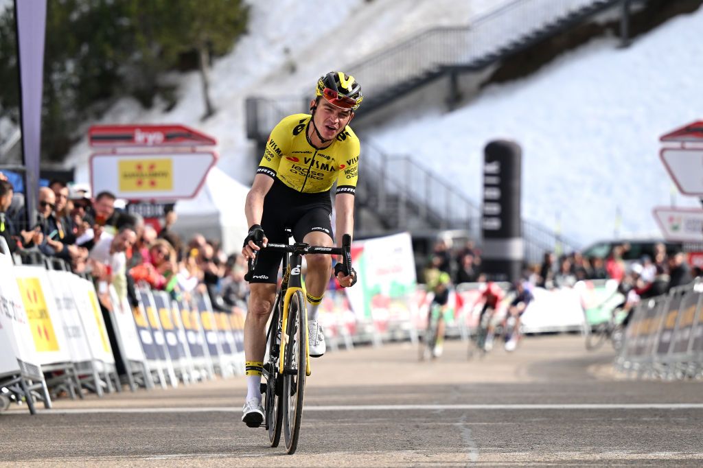 PORT AINE SPAIN MARCH 20 Sepp Kuss of The United States and Team VismaLease a Bike crosses the finish line during the 103rd Volta Ciclista a Catalunya 2024 Stage 3 a 1767km stage from Sant Joan de les Abadesses to Port Aine 1967m UCIWT on March 20 2024 in Port Aine Spain Photo by David RamosGetty Images