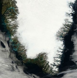 A satellite image of the southern half of Greenland, the region studied. Ice covers 80 percent of the island.