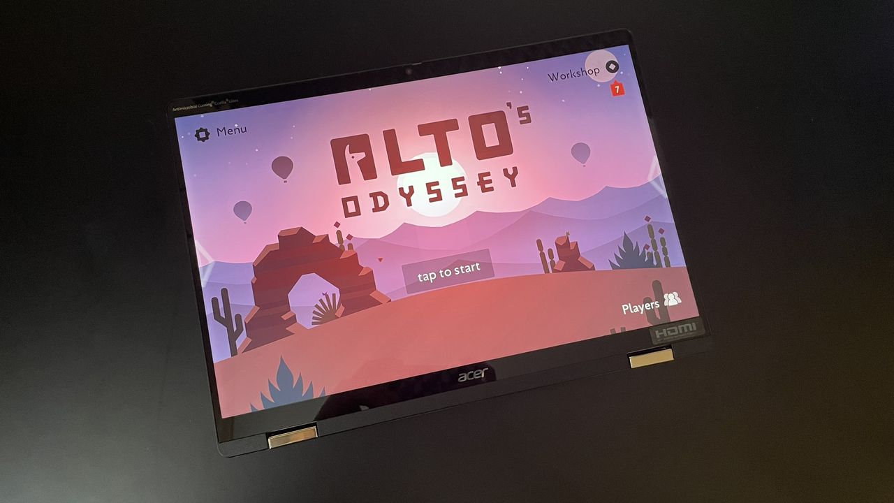 A top-down view of a laptop with its display folded back to make it look like a tablet.