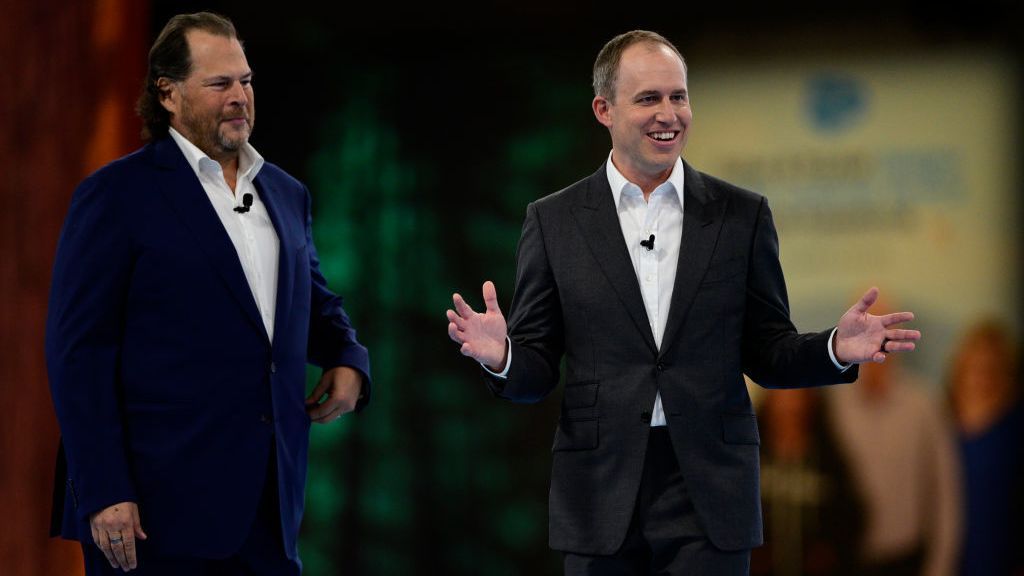 Benioff and Taylor giving a presentation at Dreamforce