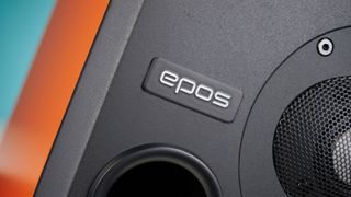 Epos ES-7N standmount speakers close up on Epos logo on front of speaker