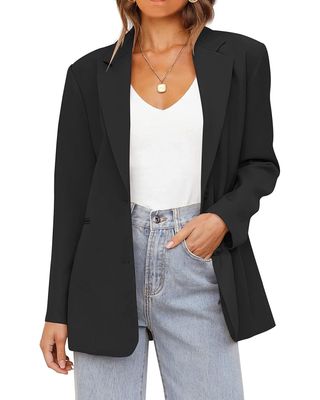 Merokeety Women's 2024 Fall Casual Blazers Long Sleeve Lapel Open Front Button Work Blazer Jackets With Pockets, Black, L