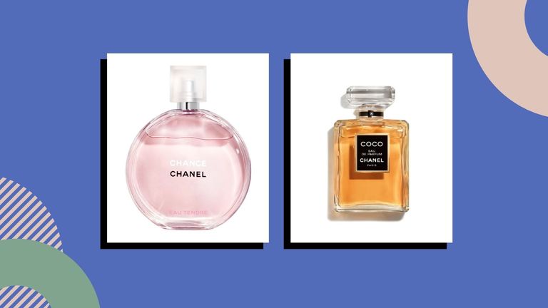 Two of the best chanel perfumes chance eau tendre and coco on a blue background