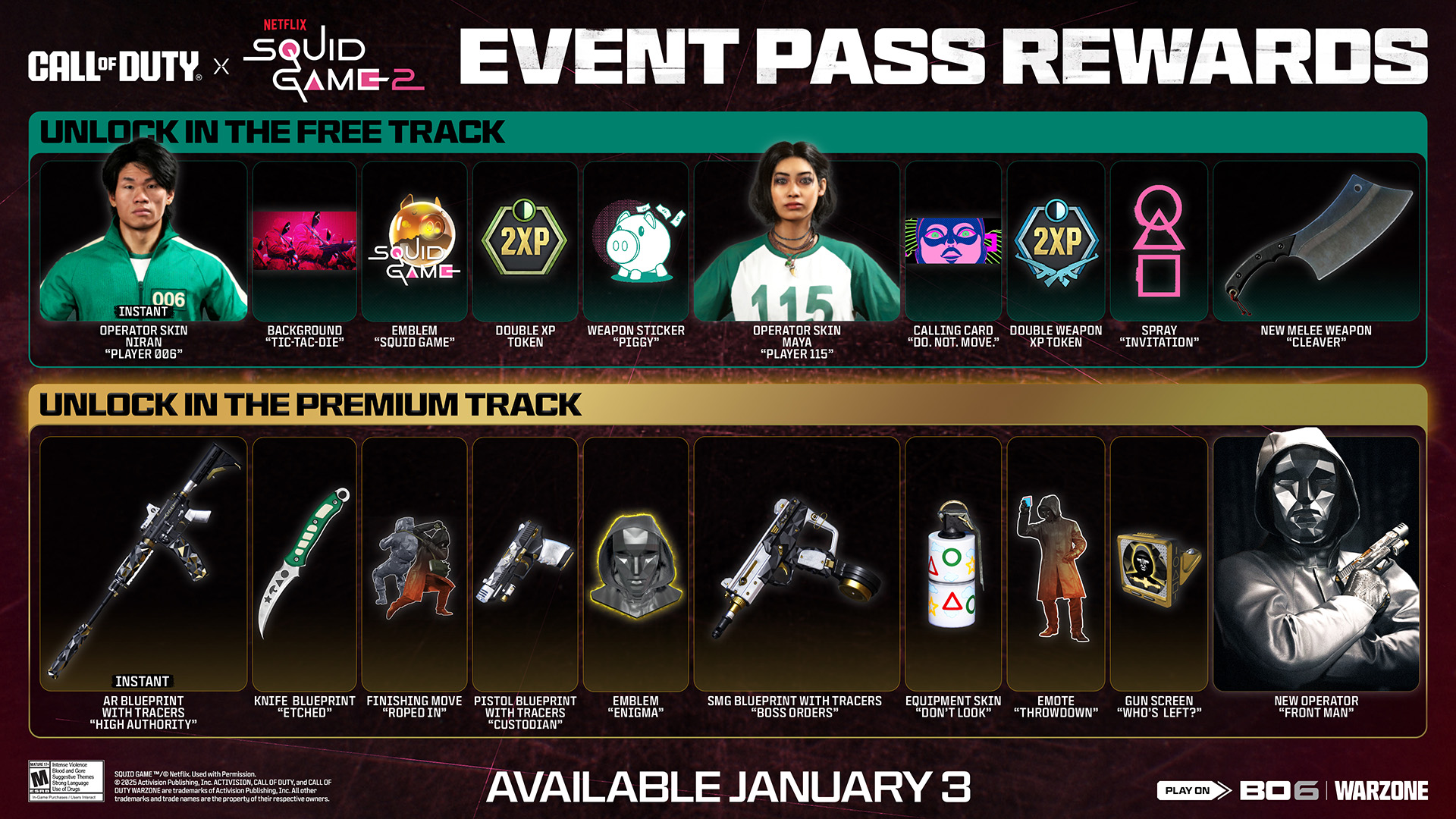 Call of Duty Black Ops 6 Squid Game Event Pass rewards track.