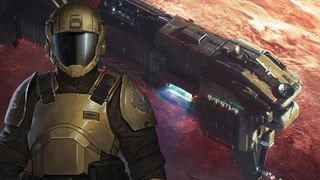 A space trooper with a strike cruiser behind in Menace.