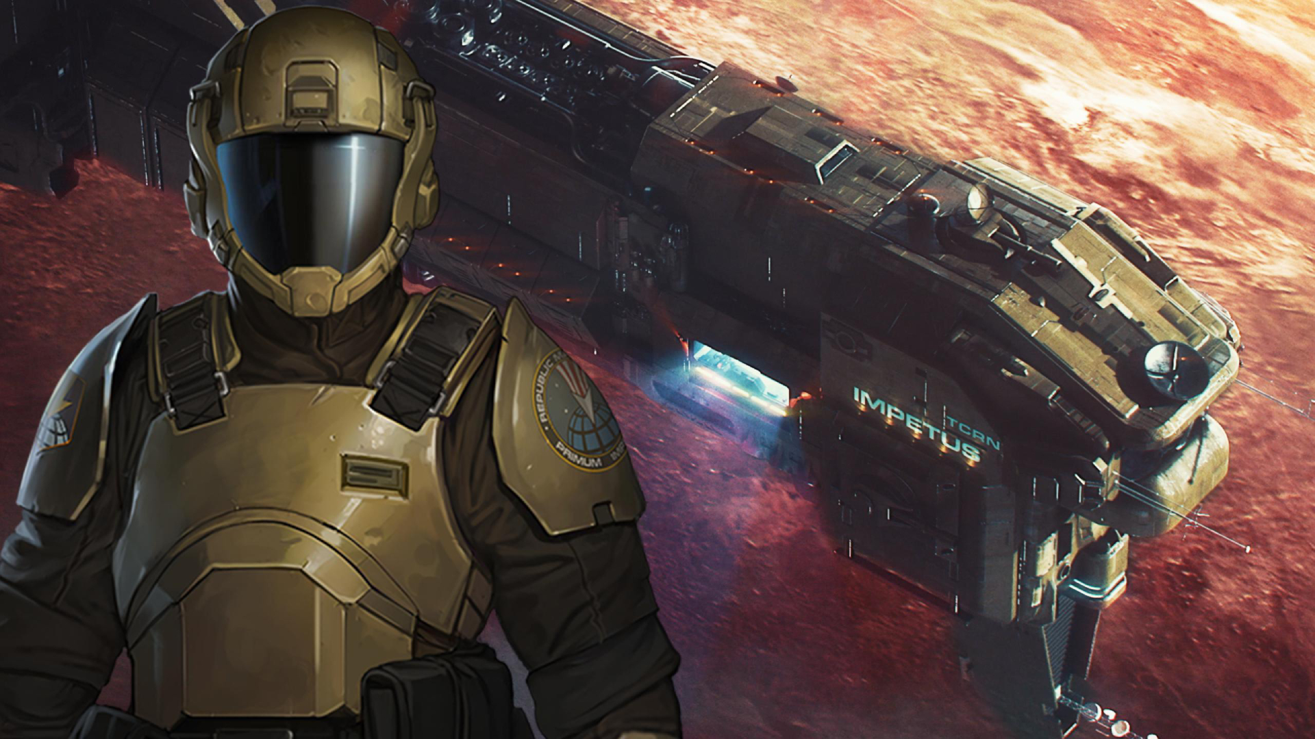 A space trooper with a strike cruiser behind in Menace.